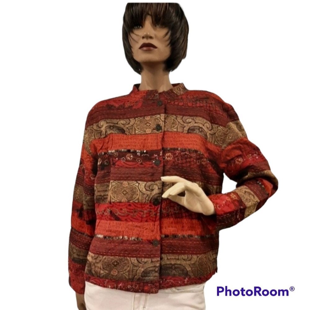 Chicos Blazer Top patchwork  quilted  paisley sequin button down red tan size 2